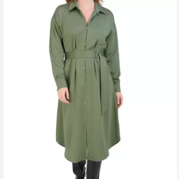 Olive Green Button-Up Midi Dress - Picture 1 of 11